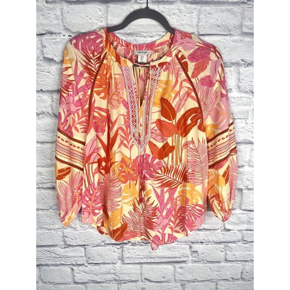 HAUTE HIPPIE Women's Orange Botanical Tassel Embroidered Boho Blouse Small